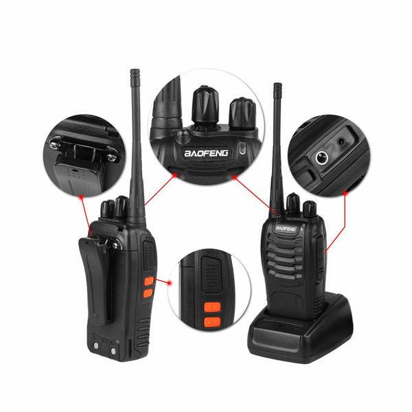 Two black walkie-talkies with close-up details on a white background