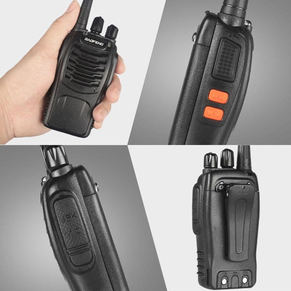 Black walkie-talkie with close-up details on a gray background