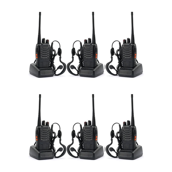 Set of six black walkie-talkies on a white background
