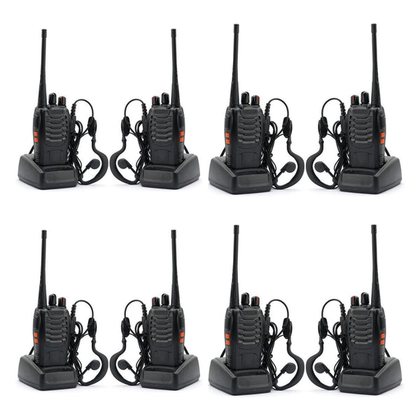 Set of eight black walkie-talkies on a white background
