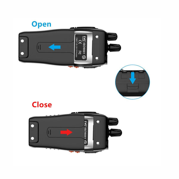 Two views of a black electronic device with open and close labels on a white background