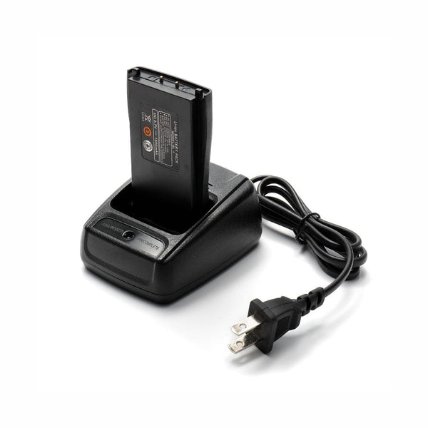 Black battery charger with power cord on a white background
