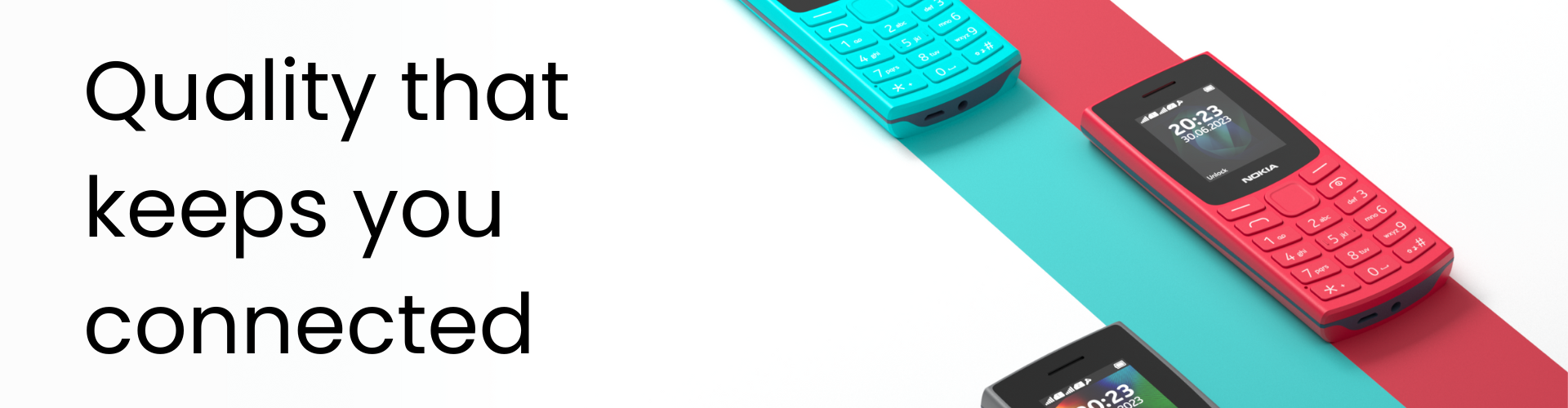 Two smartphones on a colorful background with text 'Quality that keeps you connected'.